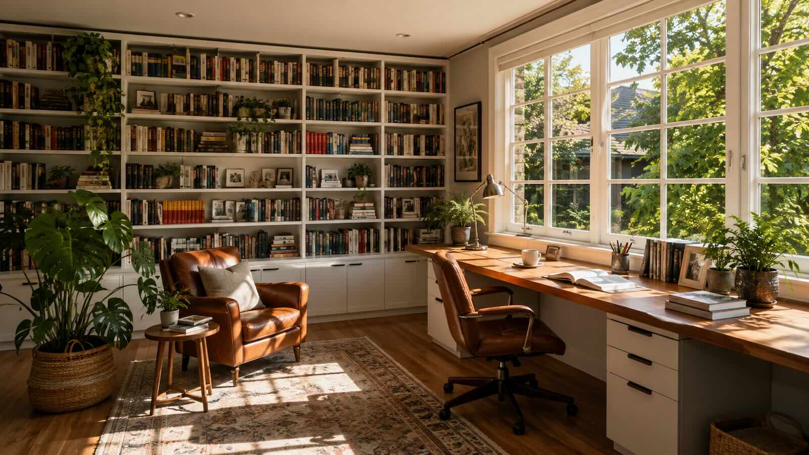 Biblioteca luminosa con libros, plantas, una mesa y una silla, imagen de presentación de las colecciones.