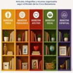 Infografía sobre la Biblioteca de recursos para comprender la calidad de vida, organizada según el Modelo de los Cinco Bienestares.